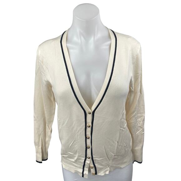 Zara Cream Black Long Sleeve Deep V Neck Button Up Cardigan Sweater Top Size M - Picture 1 of 4